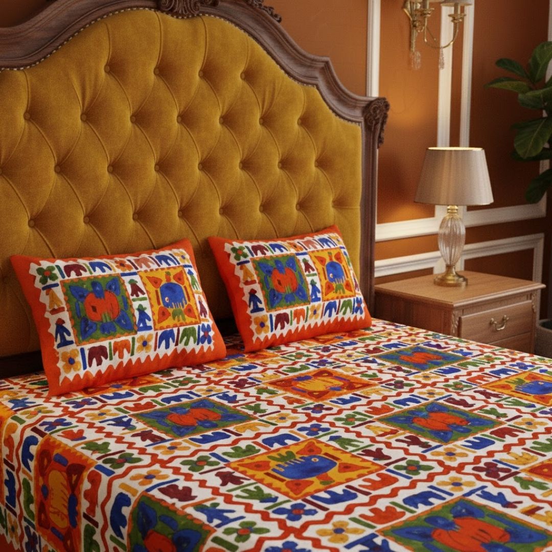 Orange Border Elephant Pattern Screen Print Double Bed Sheet